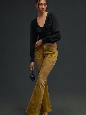 PILCRO 28 Mustard Gold The IconFlared Cuff Corduroy Bohemian Pants Front Pockets